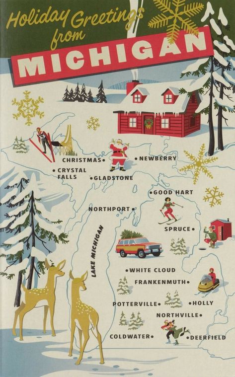 vintage Christmas greeting from Michigan Michigan Christmas, Michigan Poster, Vintage Michigan, Michigan Travel, State Of Michigan, Northern Michigan, Vintage Christmas Cards, Christmas Greeting, Vintage Holiday