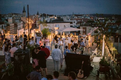 Rooftop Wedding Lighting, Rooftop Party Night, Carbon Wedding Ring, Terrace Party, Rooftop Wedding Reception, Party Moodboard, Sofar Sounds, Prague Wedding, Wedding Rooftop