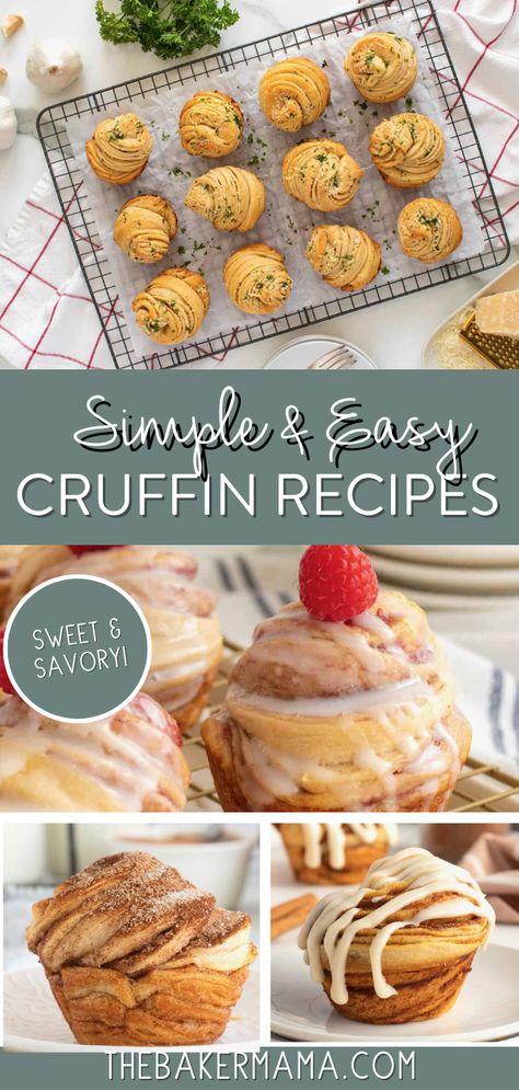 Simple & Easy Cruffin Recipes bake up with store bought crescent rolls and simple ingredients. Sweet or savory, it’s hard to deny the appeal of the cruffin! A cruffin is a cross between a croissant and a muffin. Not to be mistaken for a puffin (a puff pastry muffin combo) or a biffin (a muffin made with biscuit dough). Though, both of those sound delicious! A cruffin takes crescent roll dough and bakes it up in a muffin pan. Homemade Cresants Roll Recipes, Chocolate Chip Cruffins, Cruffins Recipe Easy From Scratch, Cruffins With Crescent Rolls, Cruffins With Puff Pastry, Puff Pastry Muffins, Cruffins Recipe Easy, Cresent Roll Breakfast, Croissant Muffins