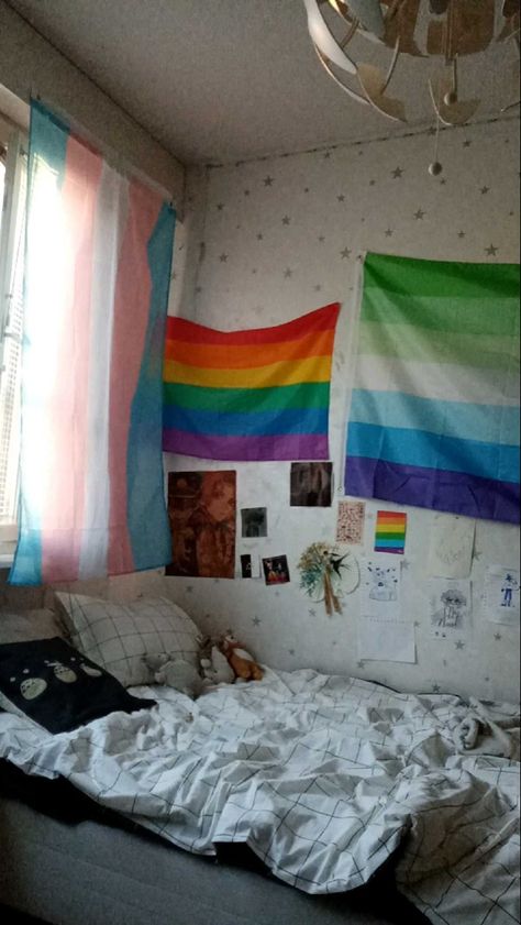 Pride Flags In Bedrooms, Pride Flag Aesthetic Room, Pride Flag Bedroom Aesthetic, Pride Flag Room Decor, Pride Flag In Room, Pride Flag Bedroom, Pride Bedroom Ideas, Trans Bedroom, Gay Room Aesthetic