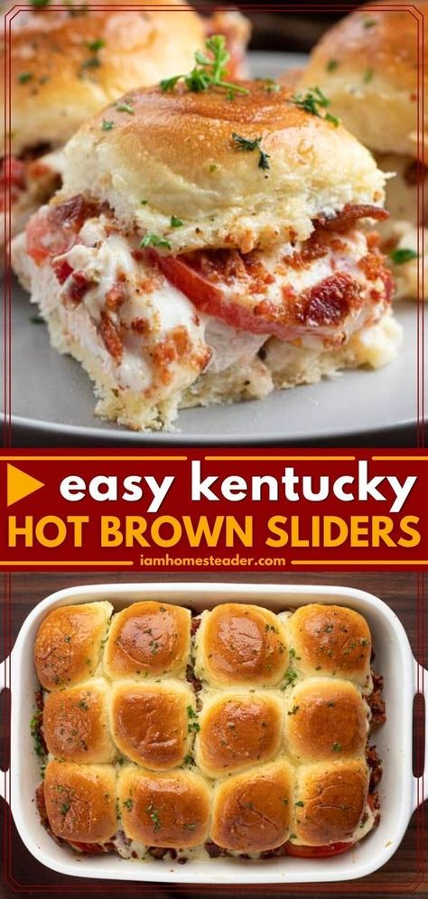 Kentucky Hot Browns Hawaiian Roll Sliders, Kentucky Brown Sliders, Hot Slider Sandwiches, Hot Brown Sliders Hawaiian Rolls, Hot Sandwich Ideas For Dinner, Ky Hot Brown Sliders, Kentucky Hot Brown Bites, Kentucky Hot Brown Recipe, Hot Brown Sandwich Recipe