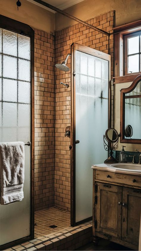 Rustic Shower Room, Vintage Fixtures, Rustic Shower, Bathroom Retreat, Timeless Bathroom, Antique Mirrors, Warm Lighting, Rustic Bathroom Decor, Rustic Bathrooms