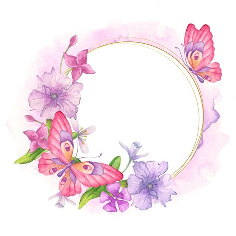 Premium Vector | Decorative lovely watercolor floral frame with pink butterfly Marco Floral, Watercolor Floral Frame, Name Decorations, Flower Graphic Design, Flower Art Drawing, Photo Frame Design, Balloon Flowers, Wreath Watercolor, Butterfly Frame