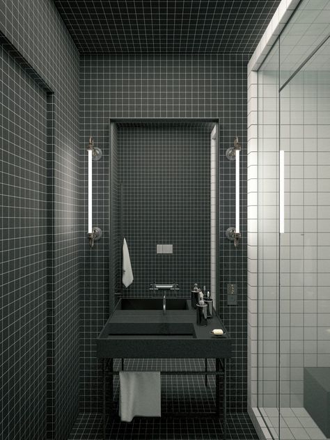 Modern Decor Meets Classical Features in Two Transitional Home Designs Transitional Home Design, Gray Shower Tile, Black And White Tiles Bathroom, White Bathroom Tiles, Bad Inspiration, Transitional Bathroom, 아파트 인테리어, Transitional Living Rooms, Transitional House