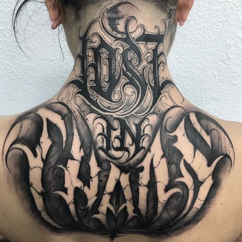 LOST IN CHAOS gothic lettering tattoo Gothic Lettering Tattoo, Chicago Lettering, Dark Lettering Tattoo, Chicano Tattoos Lettering, Lettrage Chicano, Chaos Tattoo, Tattoo Calligraphy, Dark Lettering, Tattoo Lettering Alphabet