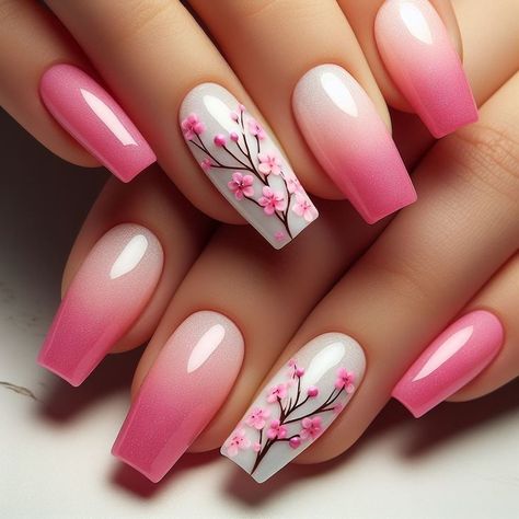 Cherry Blossom Nails Acrylic, Sakura Nails Design, Nails Cherry Blossom, Nails Pink Flowers, 2023 Nails Ideas, Cherry Blossom Nails Design, Acrylic Nails Cute, Cherry Blossom Nails Art, Beach Nail Art