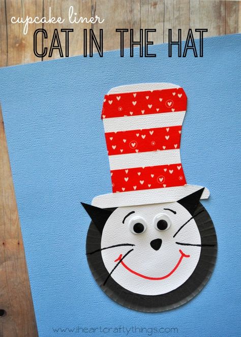 Cupcake Liner Cat in the Hat Craft for Kids. Great craft for Dr Seuss' Birthday and Read Across America Day. | from iheartcraftythings.com Cat In The Hat Craft, Seuss Cupcakes, Cupcake Liner Crafts, Dr Seuss Preschool, Kites Craft, Dr Seuss Classroom, Dr Seuss Activities, Dr Seuss Crafts, Seuss Crafts