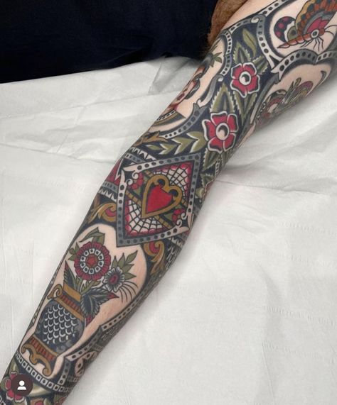 Traditional Band Tattoo Design, Traditional Leg Sleeve Women, Traditional Band Tattoo, Framed Traditional Tattoo, Traditional Tattoo Band, Traditional Arm Sleeve, American Traditional Skull, Tattoo Cuff, Traditional Sleeves