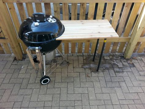 Let me start by saying after using a cheap small grill I am in love with this thing. $150 well spent. After the first two times cooking on it i missed my crappy grills small side table. Weber wanted $50+ for their crappy plastic side table and it was smaller than I wanted for that price. I... Kettle Bbq Table, Webber Grill Table, Weber Kettle Grill Table, Weber Grill Cart, Weber Grill Table Diy, Grill Side Table, Webber Grill, Weber Grill Table, Weber Charcoal Grill