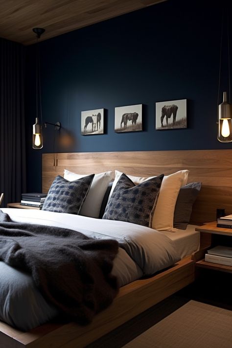 Bedroom Decor Ideas| Bedroom Decor Ideas for Women Room Color Ideas Men, Navy Wood Bedroom, Dark Blue And Wood Bedroom, Blue Bedroom Men, Bedroom With Wood Wall, Blue Minimalist Bedroom, Shades Of Blue Bedroom, Small Bedroom Ideas For Teens Boys, Adult Male Bedroom Ideas