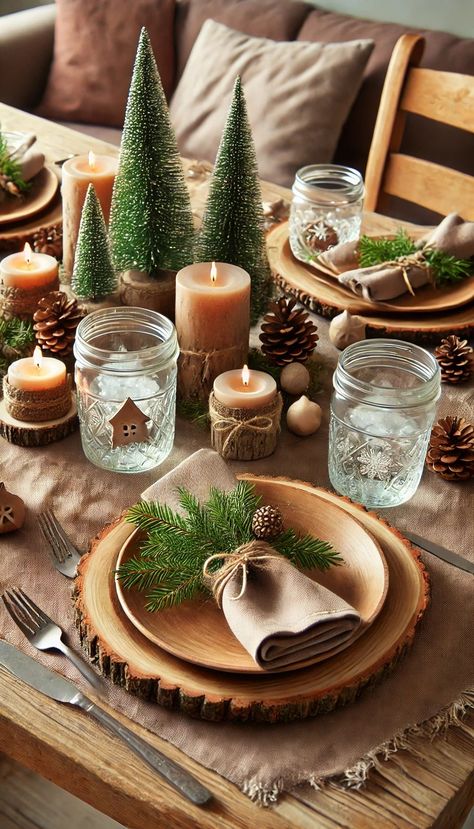 Christmas Table Settings Wooden Table, Wood Plates Christmas Table, Christmas Round Table Centerpieces, Christmas Table Aesthetic, Brown And Gold Christmas Centerpieces, Decoration Table Noel, Rustic Chritmas Table, Christmas Table Ideas, Dinnign Table Christmas Placesettings