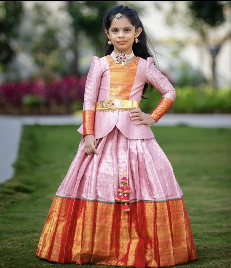 Patty Pavadai Designs, Pattu Long Frocks For Kids, Kids Long Skirts, Long Frocks For Kids, Langa Blouse, Indian Dresses For Kids, Baby Dress Embroidery, Kids Party Wear Dresses, Pattu Pavadai