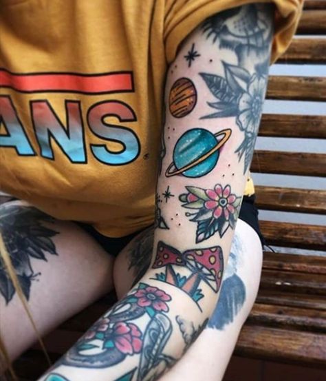 Tattoos After Years, Planets Tattoo, Vintage Tattoo Sleeve, Traditional Tattoo Filler, Small Traditional Tattoo, American Traditional Sleeve, Many Tattoos, Old School Tattoos, American Traditional Tattoos