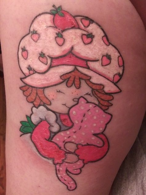 Vintage strawberry shortcake holding custard the cat Cute Color Tattoos, Strawberry Shortcake Tattoo Ideas, Strawberry Shortcake Tattoo, Dopamine Tattoo, Silly Tattoos, Barbie Tattoo, 90s Tattoos, Kitty Tattoos, Tattoo Halloween