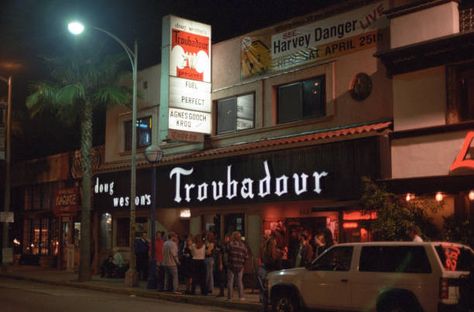 The Troubadour Los Angeles, Troubadour Los Angeles, Los Angeles Bars, Hollywood Babylon, The Troubadour, Manifesting Board, Los Angeles Architecture, Movie Board, Ca History