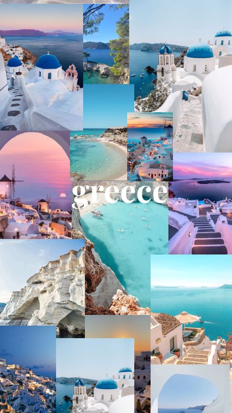 Pictures Of Greece Beautiful Places, Greece Collage Wallpaper, Aesthetic Greece Pictures, Greece Vision Board, Greece Wallpaper Aesthetic, Greece Aesthetics Beach, Santorini Greece Aesthetic Wallpaper, Santorini Greece Wallpaper, Greece Backgrounds