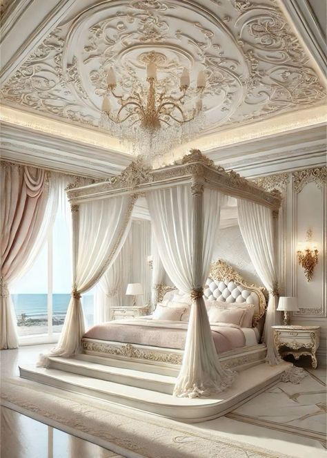 Princess Bedrooms Aesthetic, Canopy Curtains Bed, Royal Canopy Bed, Luxury Bed Frame Design, Elegant Canopy Bed, Princess Bed Aesthetic, Classical Luxury Bedroom, Royal Bedroom Furniture, Big Luxury Bedroom