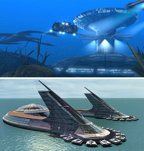 Utopian sea cities Jacque Fresco, Inspiring Architecture, Floating Architecture, Futuristic Building, Future Buildings, Underwater City, Floating Island, Sci Fi City, Futuristic Home