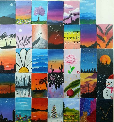 Landscape ideas to try. Landscapes with trees, silhouettes, nature scenery on deck of cards Painting Cards Deck Ideas, Deck Of Card Painting Ideas, Painting Cards Deck, Painted Cards Deck, Painting Playing Cards Ideas, Painting Cards, Card Painting, Painting Videos Tutorials, Playing Cards Art