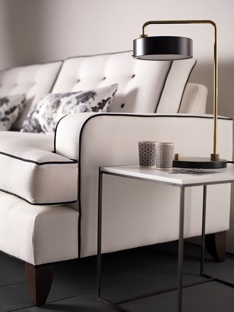 White Monaco Sofa from Delcor with black piping and buttons White Sofa With Black Piping, Black And White Sofa Living Room, Sofa With Piping, Black And White Couch, Black And White Sofa, White Leather Sofa, White Sofa Living Room, Furniture Color Schemes, Black And White Furniture