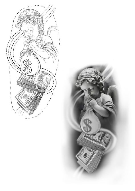 Baby Angels Tatoos, Angel With Money Tattoo, Angel Holding Money Bag Tattoo, Angel With Money Bag Tattoo, Money Tattoo Stencil, Chicano Angel Tattoo, Angel Arm Tattoo, Realism Stencil, Realism Tattoo Stencil