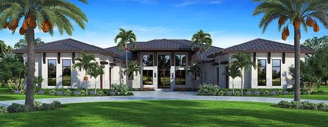 House Plan 52972 - Contemporary Style House Plan with 6474 Sq Ft, 5 Bed, 7 Bath, 4 Car Garage Two Master Suites, Mediterranean House Plan, Coastal House Plans, Mediterranean House, Stucco Exterior, Contemporary Style Homes, Building Section, Modern Farmhouse Plans, Mediterranean Homes