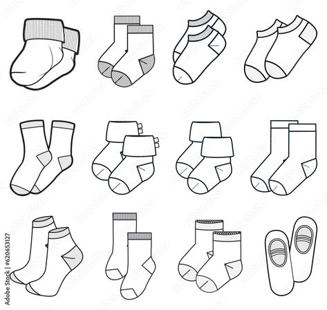 Set of Kids Socks flat sketch fashion illustration drawing template mock up, Children Calf length socks cad drawing for Baby, infants and toddlers, baby crew socks design drawing Stock Vector | Adobe Stock Sketch Fashion Illustration, Socks Illustration, Fashion Illustration Drawing, Fashion Stock Images, Socks Design, Sketch Fashion, Drawing Template, Baby Shoes Pattern, Flat Sketches