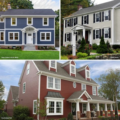 Colonial House Color Ideas: Get inspired with siding options for your new home or re-side project with popular colonial house color ideas. Siding Colors For Colonial Houses, Colonial House Siding Ideas, Colonial Siding Ideas, Colonial Exterior Colors, Colonial House Exterior Paint Colors, Exterior House Siding Options, New England Colonial House Exterior, Colonial House Exterior Colors, New England Colonial House