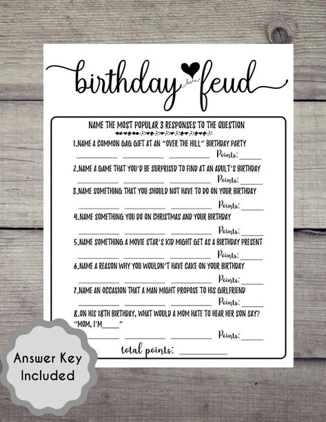 Adult Birthday Party Game Birthday Feud Birthday Game 20th | Etsy Mad Libs For Adults, Boy Party Games, 50th Birthday Party Games, Adult Birthday Party Games, Birthday Games For Adults, 52 Birthday, Dinner Party Games, Birthday Party Game, Birthday Dinner Party