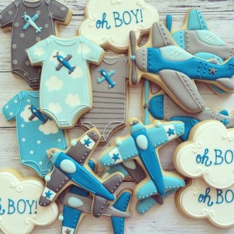 Baby Shower Boy Cupcakes, Baby Shower Boy Cookies, Baby Boy Shower Cookies, Airplane Cakes, Transportation Cookies, Airplane Baby Shower Theme, Boy Cupcakes, Airplane Cookies, Baby Boy Cookies