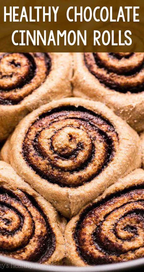 Healthy Chocolate Cinnamon Rolls – my family called these the BEST they've ever had! They don't taste healthy at all! Just 109 calories with NO eggs, refined flour or sugar! ♡ simple homemade dark chocolate cinnamon rolls. vegan chocolate cinnamon rolls recipe. low calorie clean eating whole wheat cinnamon rolls from scratch. Healthy Cinnamon Rolls Recipe, Low Calorie Clean Eating, Whole Wheat Cinnamon Rolls, Wheat Cinnamon Rolls, Cinnamon Rolls Vegan, Chocolate Cinnamon Rolls, Recipe Low Calorie, Rolls From Scratch, Healthy Cinnamon Rolls