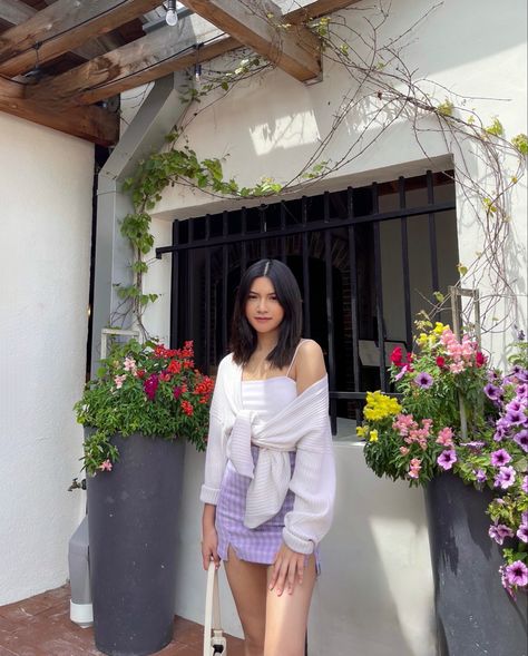 Purple skirt, white tank top, tied cream cardigan, summer, spring, outfit Beach Cardigan, Cardigan White, Purple Skirt, Cream Cardigan, Skirt White, White Skirt, White Cardigan, White Tank Top, White Tank