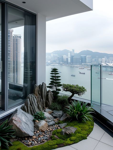 #CornerGarden #Balcony #Moss #Rocks #SmallPlants #TopFloor #HongKong #WhiteWall #GlassRailings #SeaView #Buildings #3:4 #TheCandie Balcony Garden Japanese, Balcony Rock Garden, Small Plant Room, Mini Balcony Ideas, Zen Balcony Ideas, Small Corner Garden, Garden On Balcony, Zen Balcony, Plant Room Decor