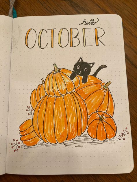 Pumpkin Productivity, Pumpkin Bullet Journal, Cat Bullet Journal, Journal Front Page Ideas, Bullet Journal Front Page, Journal Front Page, Veranda Cafe, October Bullet Journal, Cats And Pumpkins