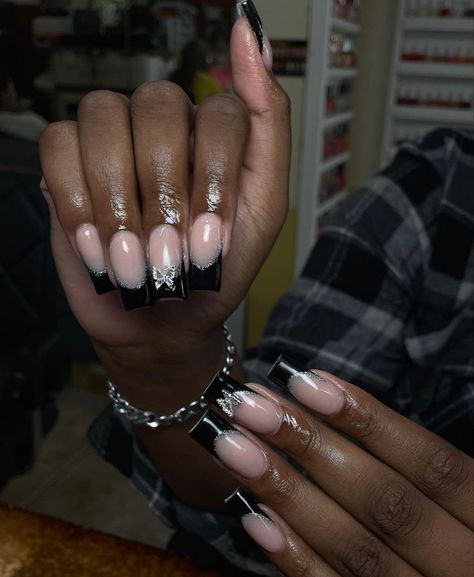 Black And Silver French Tip Nails, Black Nails With Charms, French Tip Nails With Charms, Butterfly Charm Nails, Md Nails, Acrylics Ideas, Black Prom Nails, Black French Tip, Black Gel Nails