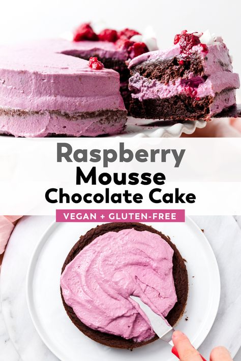 Dairy Free Chocolate Raspberry Cake, Vegan Raspberry Mousse, Gluten Free Chocolate Raspberry Cake, Soy Free Cake, Mousse Chocolate Cake, Mousse Chocolate, Chocolate Cake Recipe Moist, Vegan Baking Recipes, Chocolate Raspberry Cake