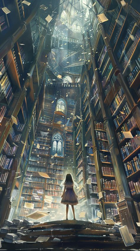 Fantasy Art Library, Anime Library Aesthetic, Magical Book Art, Fantasy Library Concept Art, Rainy Library, Ghibli Library, Library Romance Aesthetic, Magic Library Aesthetic, Bookshelf With Doors