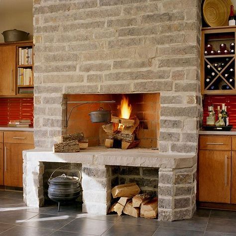 Cooking Hearth, Stone Fireplace Designs, Steel Shelving, Recessed Ceiling Lights, Kitchen Fireplace, Wood Fireplace, Wood Stone, I See It, Fireplace Design