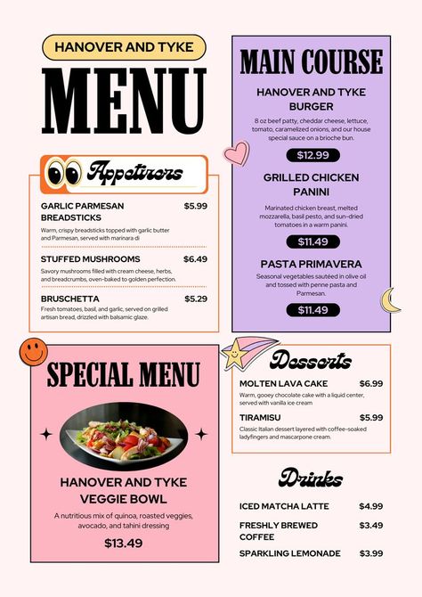 Main Course Menu, Chicken Panini, Diner Menu, Restaurant Menu Template, Pasta Primavera, Special Sauce, Beef Patty, Brioche Buns, Basil Pesto