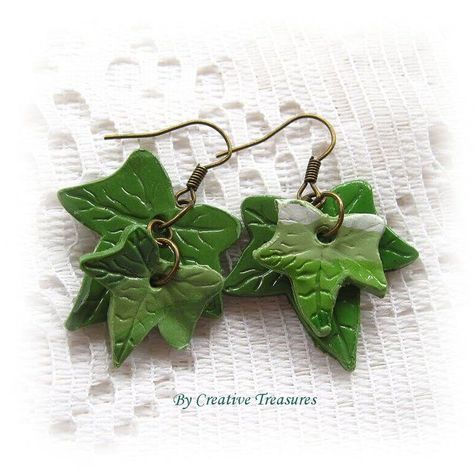 Polymer Clay Dread Beads, Leaf Earrings Diy, Ivy Earrings, Leaf Polymer Clay Earrings, Ivy Cottage, Polymer Clay Flower Jewelry, Ivy Leaves, Polymer Beads, Dread Beads