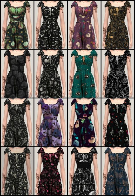 Elliesimple’s sleeveless A-line dress recolored in 17 spooky designs for your witch sims I love this mesh and have some more... Sims 4 Witch House Cc, Sims 4 Witch Dress, Whimsigoth Cc Sims 4, Sims 4 Cc Witchy Clothes, Witchy Cc Sims 4, Spooky Sims 4 Cc, Whimsigoth Sims 4 Cc, Hippie Goth Aesthetic, Sims 4 Cc Alternative Clothes