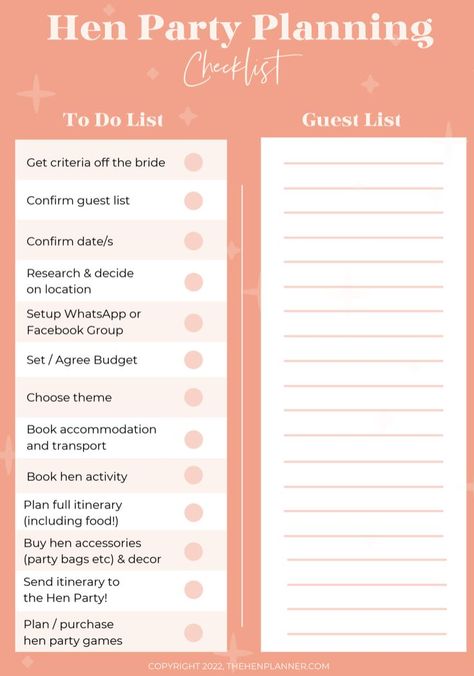 If you’re a first-time bridesmaid and you’ve been catapulted into the hen party planning world, check out our Hen Planning Checklist to help you get organised! ✨ How To Plan A Hen Do, Hens Party To Do List, Hen Do Checklist, Hen Party Checklist, Hen Do Planning Checklist, Hen Party Planning, Hen Do Planning, Uk Hen Do Ideas, Hen Do Ideas Classy