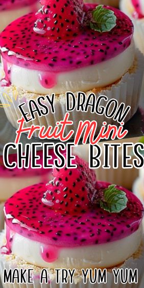 Dragon Fruit Mini Cheese Bites Dragon Fruit Cheesecake, Dragon Fruit Recipes, Dragon Fruit Dessert, Dragonfruit Recipes, Fruit Cheesecake, Mousse Cake Recipe, Icebox Pie, Fruit Sauce, Quick Healthy Snacks