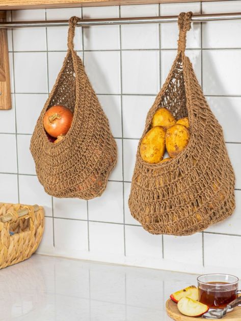 Jute potato and onion baskets wall hanging for kitchen | Potato onion storage | Boho wall baskets Basket Wall Display, Potato Onion Storage, Potato And Onion Storage, Boho Wall Baskets, Baskets For Kitchen, Potato Basket, Crochet Basket Tutorial, Useful Crochet, Onion Storage