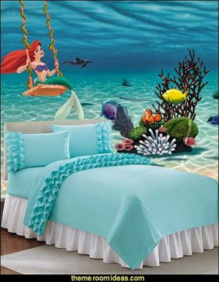 40+ Beautiful Mermaid Theme For Your Girl Bedroom Design Ideas | ARA HOME #bedroom  #bedroomdecor  #bedroomideas  #bedroomdesign  #bedroomfurniture  #girlbedroom  #girlbedroomideas Mermaid Bedroom Decor, Ariel Bedroom, Little Mermaid Bedroom, Mermaid Themed Bedroom, Disney Playroom, Little Mermaid Room, Mermaid Decor Bedroom, Ruffled Bedding, Hospital Art