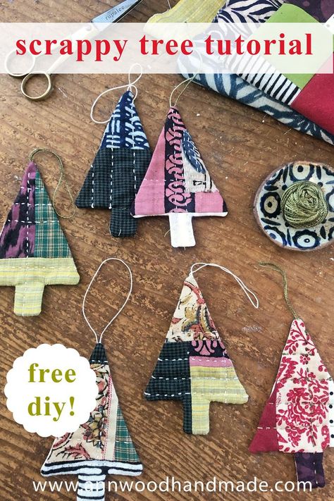 tree christmas ornaments made from patchwork scraps with quilting stitches Sewn Christmas Ornaments, Christmas Fabric Crafts, Diy Sy, Christmas Patchwork, Ann Wood, Fabric Tree, Fabric Christmas Trees, Quilted Ornaments, Quilted Christmas Ornaments