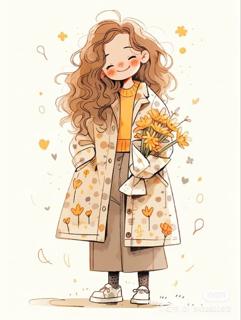 Into Art, Art Digital, A Girl, Hand Drawn, Illustrations, Yellow, Flowers, Art