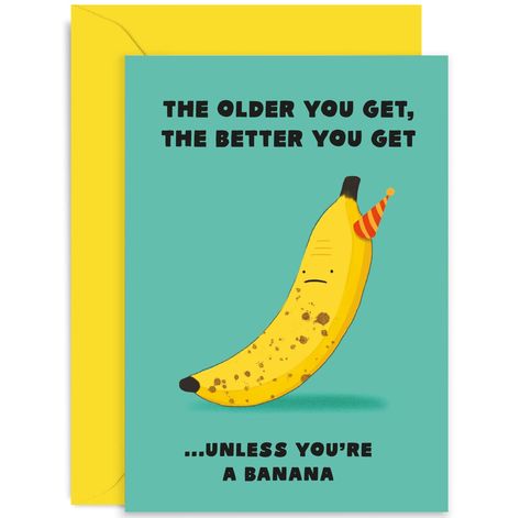 PRICES MAY VARY. 🎂 FUNNY BIRTHDAY CARD: The perfect birthday card for women or men. This fun and hilarious birthday card design features an aging banana with party hat and the wording 'the older you get, the better you get… unless you're a banana'. ✨ SPECIAL MILESTONES: Find the perfect greeting card for family and friends. We have designs for any occasion. Find the perfect card for a dad, mum, brother, sister, daughter, son, auntie, uncle, cousin, niece, nephew, grandad, grandma, or friend. 🌎 Birthday Card For Men, Hilarious Birthday Cards, Birthday Card For Dad, Card For Men, Birthday Cards For Son, Birthday Captions, Birthday Cards For Women, Birthday Card Design, Dad Birthday Card