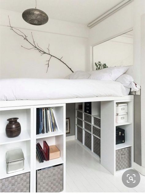 Twin Bed Frame With Storage, Diy Twin Bed Frame, Diy Twin Bed, Diy Cube Storage, Ikea Loft Bed, Bedroom Curtain, Storage Cubes, Makeover Bedroom, Ikea Bed