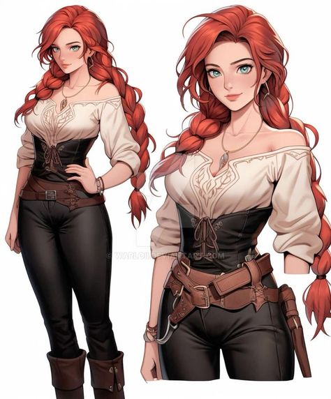 basic12 Anime-style woman with long red hair, wearing a white blouse and black pants with a belt and boots. | Sky Rye Design White Blouse And Black Pants, Blouse And Black Pants, Female Character Concept, Long Red Hair, Scary Art, Female Character, Long Red, Female Character Design, Cartoon Pics